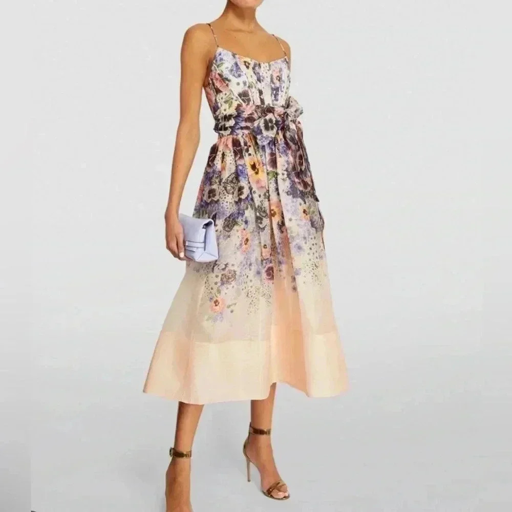 Zimmermann Tama Corset Linen Silk Midi Dress 1 US6 Floral Pansy Waist Tie Belted - Picture 1 of 16